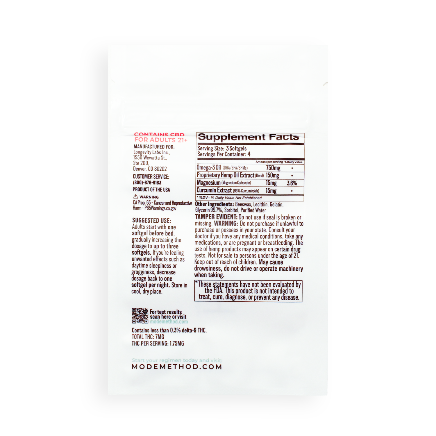 An image of a packet of HRV+ Heart Rate Variability Booster Supplement by Mode+Method on a white background.