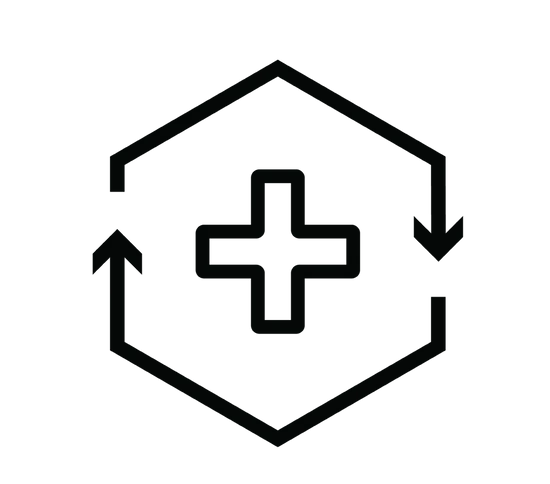 A black and white icon with a cross, representing HRV.