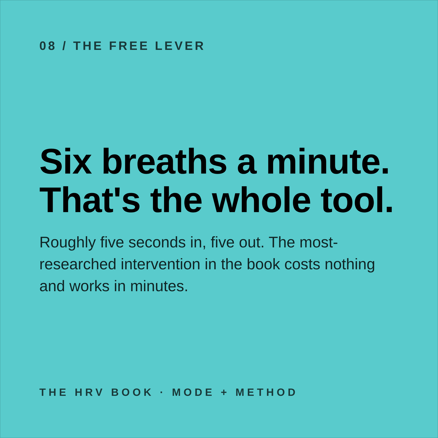 A blue graphic from The HRV Book by Mode Method LLC explains a simple, cost-free breathing technique—six breaths per minute, five seconds in and out—to boost your recovery signal and improve heart rate variability.
