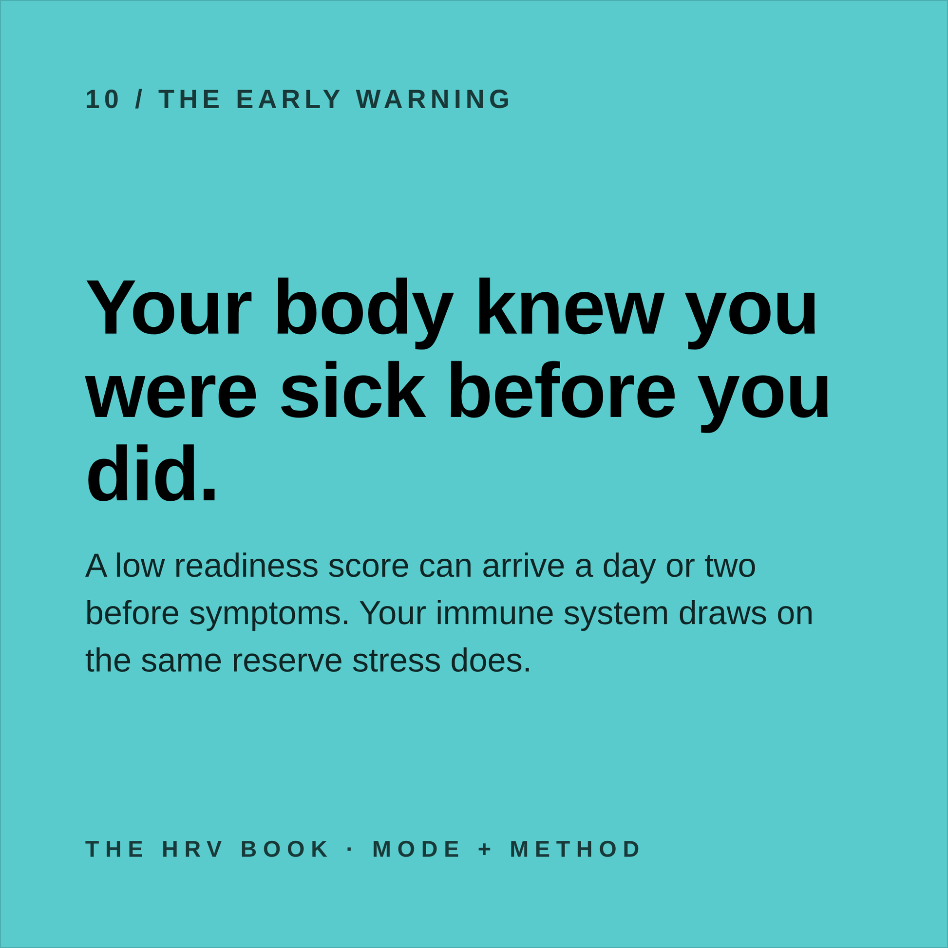 Teal graphic featuring the heading “10 / The Early Warning,” a bold statement on how the body detects sickness early, and a brief explanation of readiness scores and recovery signals from *The HRV Book: What Your Wearable is Actually Telling You and What You Can Do About It!* by Mode Method LLC.