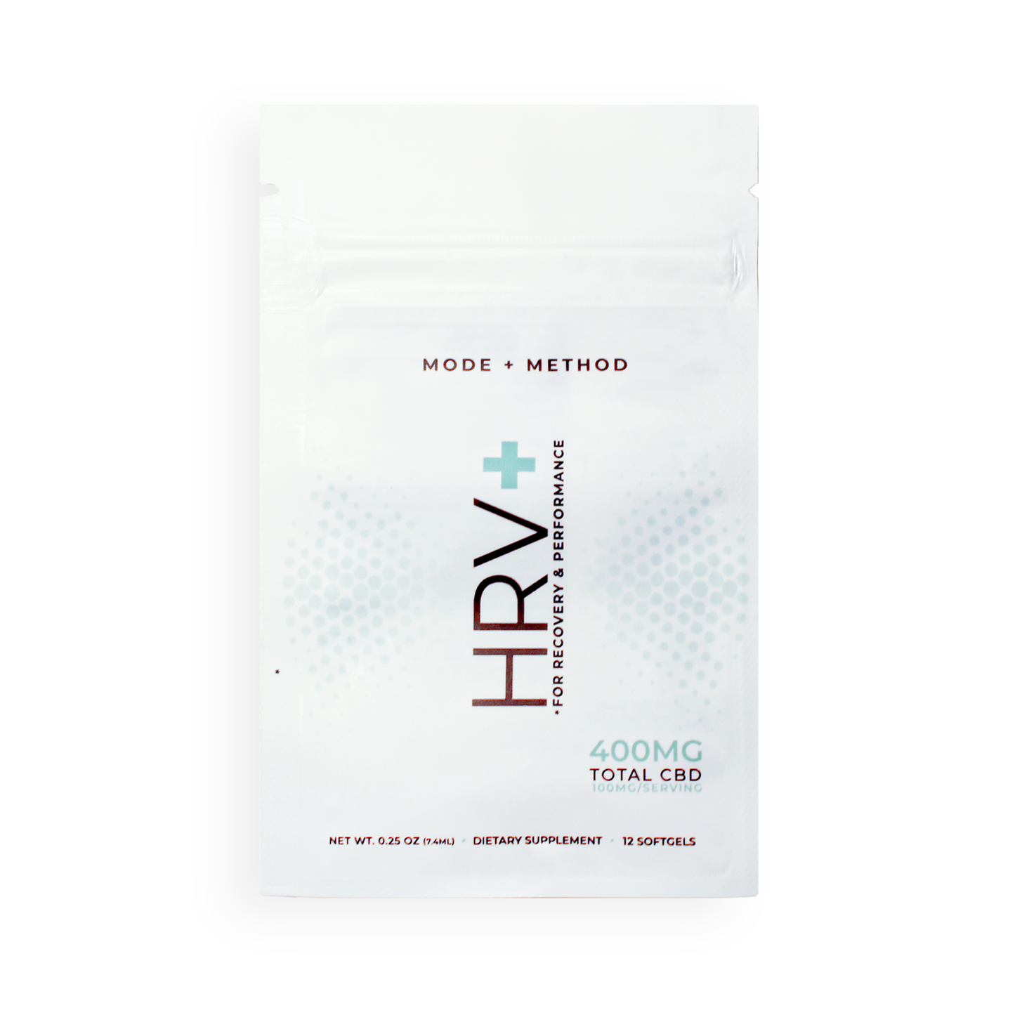 Mode+Method's HRV+ Heart Rate Variability Booster Supplement capsules on a white background.