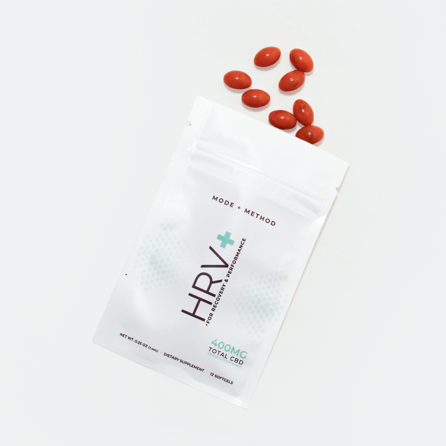 HRV+ Heart Rate Variability Booster Supplement by Mode+Method gummies on a white background.