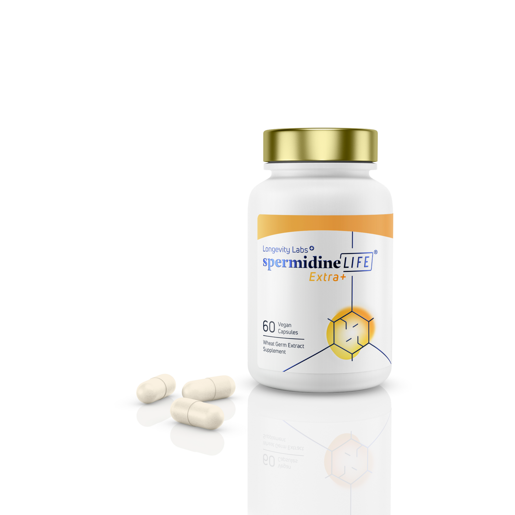 A bottle of spermidineLIFE® Extra+ 1300mg Dietary Supplement by Longevity Labs, Inc with pills on a white background.