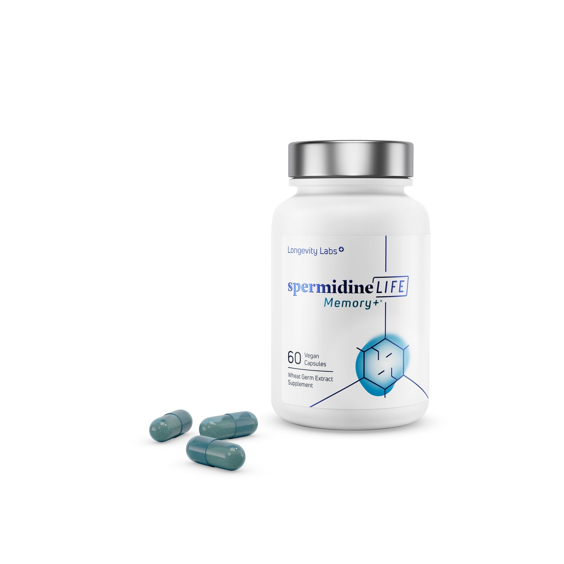 spermidineLIFE Memory+ 60 Capsules bottle with green pills